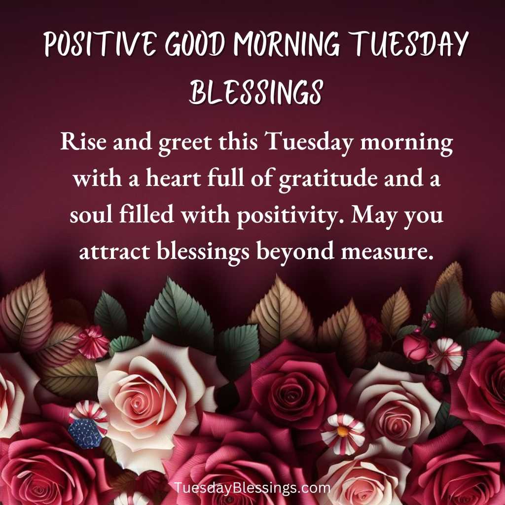 Rise and greet this Tuesday morning with a heart full of gratitude and a soul filled with positivity. May you attract blessings beyond measure.